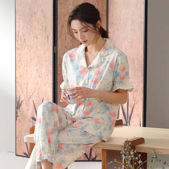 顶瓜瓜 短袖长裤甜美休闲舒适简约家居服睡衣套装 女款