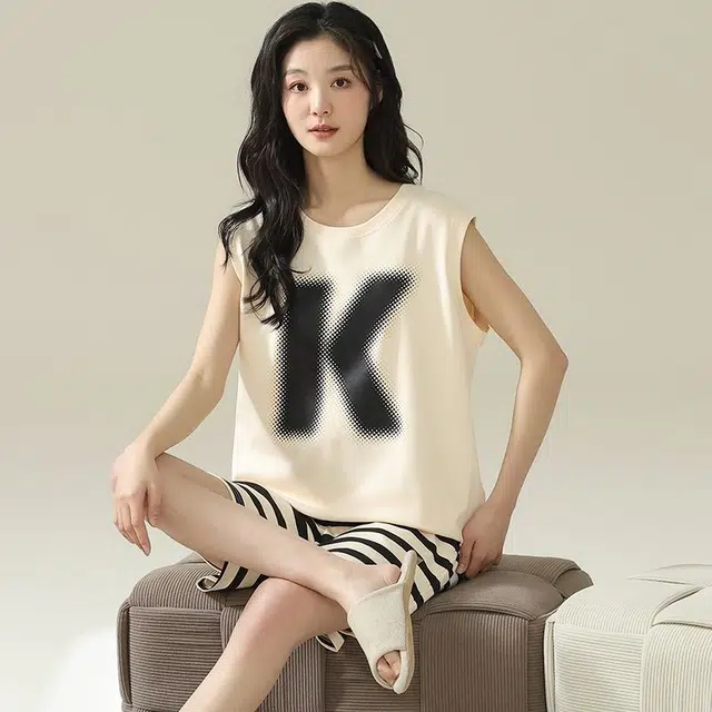 顶瓜瓜 简约舒适无袖条纹短裤家居服睡衣礼盒 女款