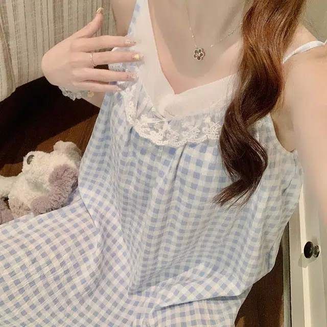 顶瓜瓜 云朵棉带胸垫性感吊带长裙可爱甜美简约格子家居服夏季睡裙 女款