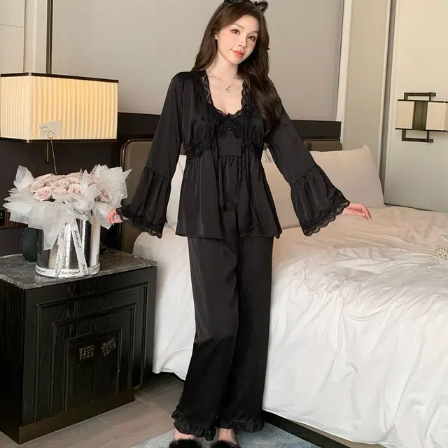 顶瓜瓜 性感冰丝吊带长袖长裤开衫简约舒适可外穿家居服睡衣套装 女款
