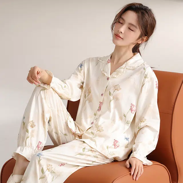 顶瓜瓜 国风长袖长裤休闲舒适花边家居服睡衣套装 女款