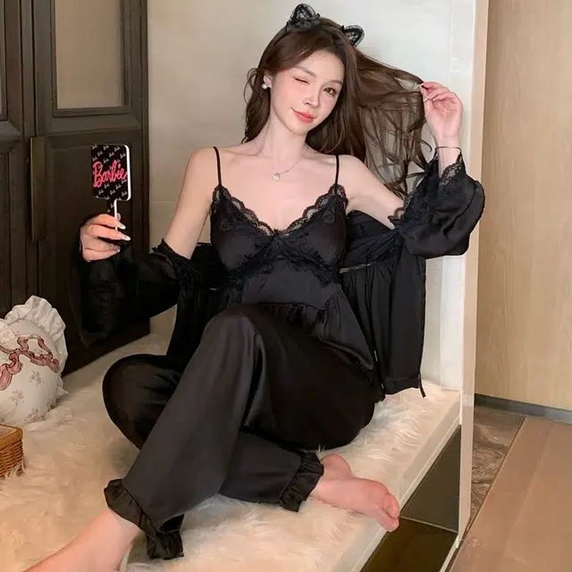 顶瓜瓜 性感冰丝吊带长袖长裤开衫简约舒适可外穿家居服睡衣套装 女款