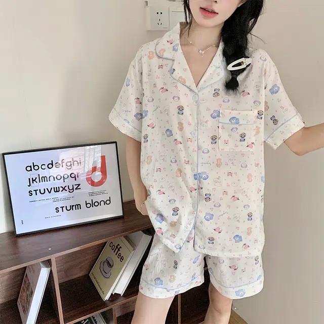 顶瓜瓜 云朵棉短袖短裤翻领开衫可爱卡通小狗休闲家居服夏季睡衣套装 女款