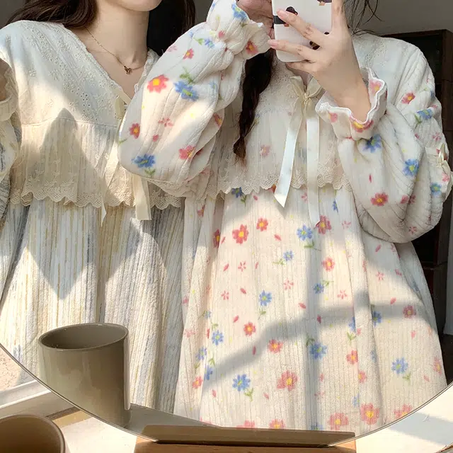 顶瓜瓜 珊瑚绒保暖加绒加厚公主风碎花满印长袖休闲家居服睡裙 女款