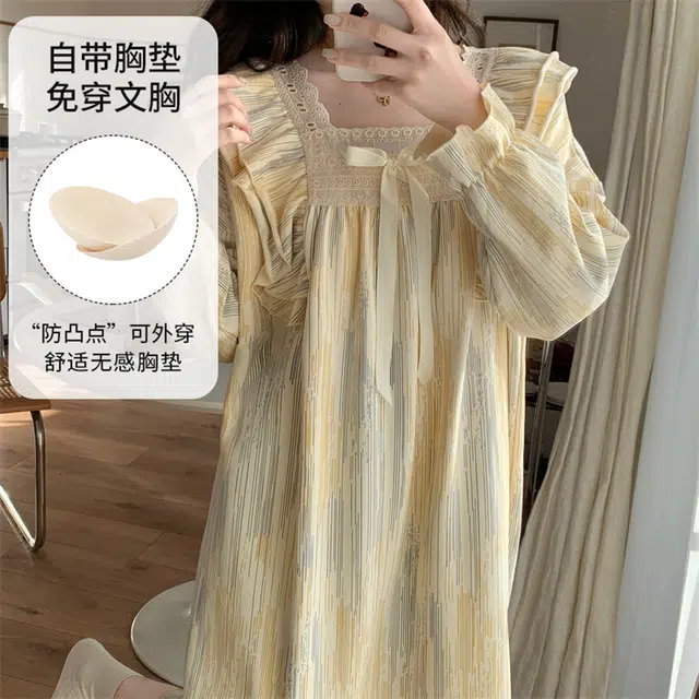 顶瓜瓜 带胸垫简约透气舒适长袖家居服睡裙 女款