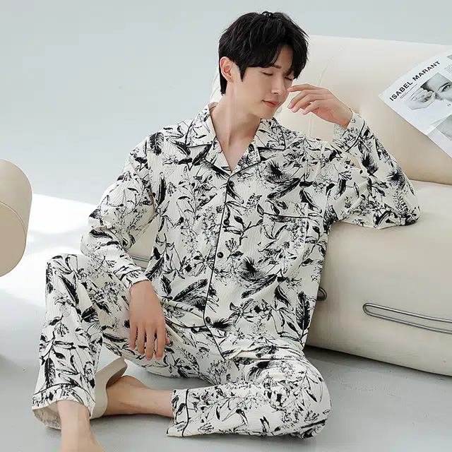 顶瓜瓜 花草满印翻领设计简约舒适可外穿家居服睡衣套装 男款