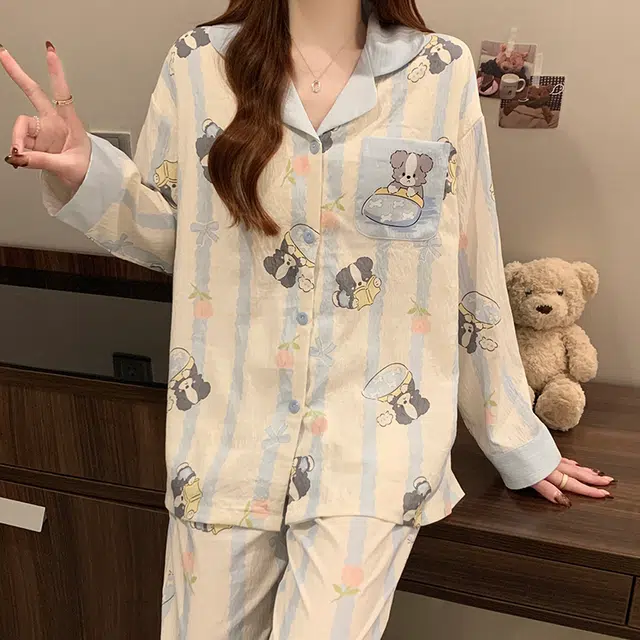 顶瓜瓜 小狗满印翻领带胸垫简约透气亲肤舒适可外穿家居服睡衣套装 女款