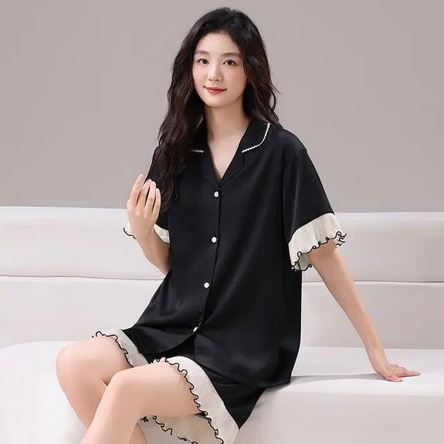 顶瓜瓜 冰丝短裤翻领开衫纯色可外穿简约情侣家居服夏季睡衣礼盒 男女同款