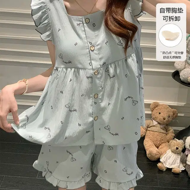 顶瓜瓜 带胸垫夏季女舒适宽松家居服睡衣套装 女款