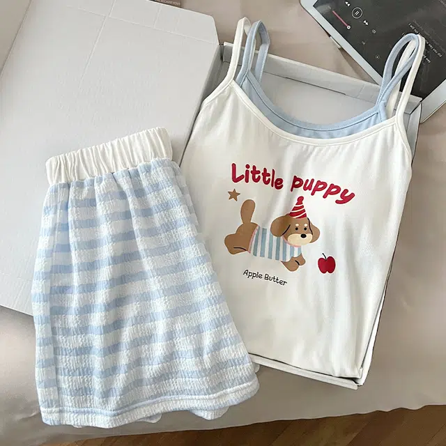 顶瓜瓜 可爱小狗图案无袖吊带简约舒适带胸垫可外穿家居服三分裤睡衣套装 女款