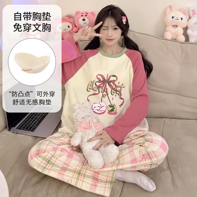 顶瓜瓜 带胸垫家居圆领设计可外穿长袖长裤服睡衣套装 女款