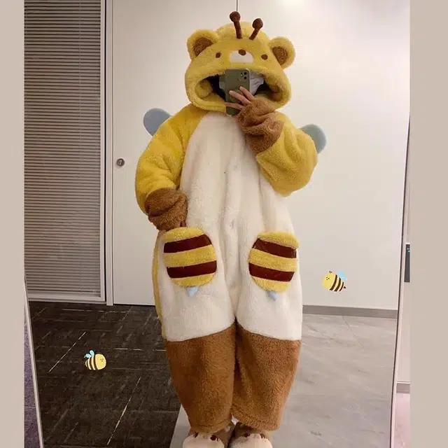 顶瓜瓜 珊瑚绒保暖加绒加厚长袖长裤连帽可爱甜美小蜜蜂家居服冬季睡衣套装 女款