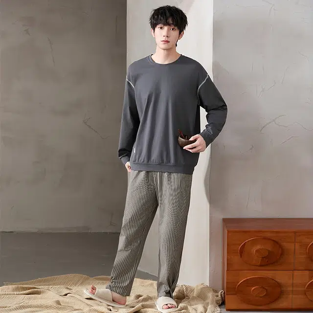 顶瓜瓜 圆领设计纯棉亲肤舒适可外穿家居服睡衣套装 男款