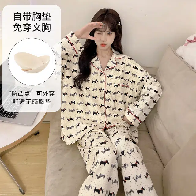 顶瓜瓜 家居简约小狗印花休闲长袖长裤服睡衣套装 女款