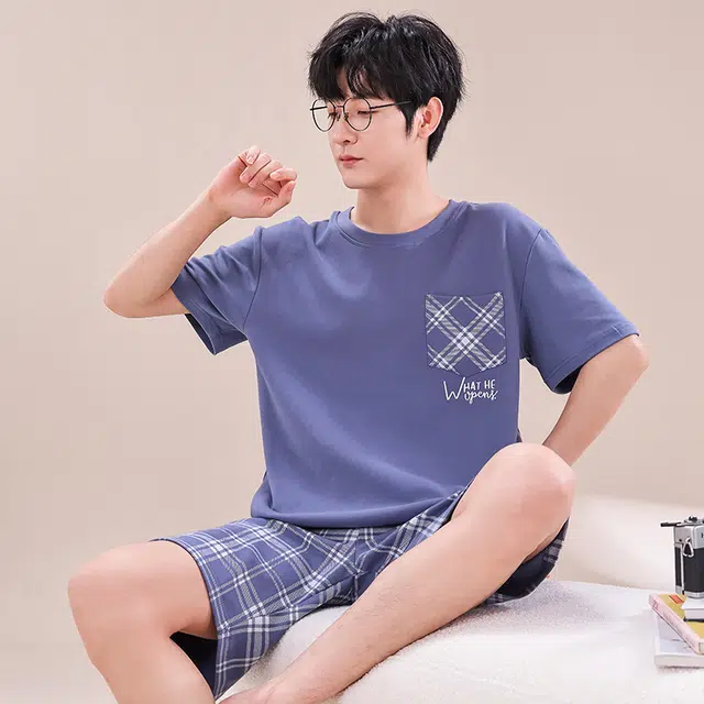 顶瓜瓜 简约舒适短袖可外穿家居服五分裤睡衣套装 男款