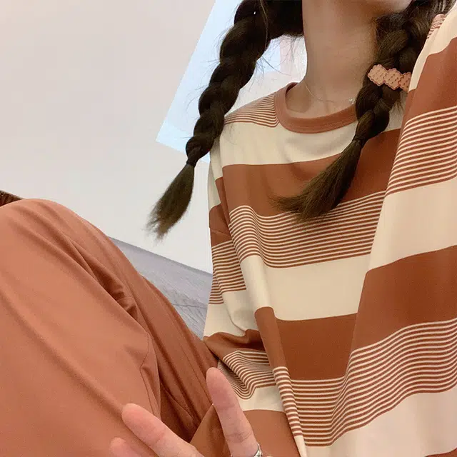 顶瓜瓜 条纹图案渐变圆领设计简约舒适可外穿家居睡衣套装 女款