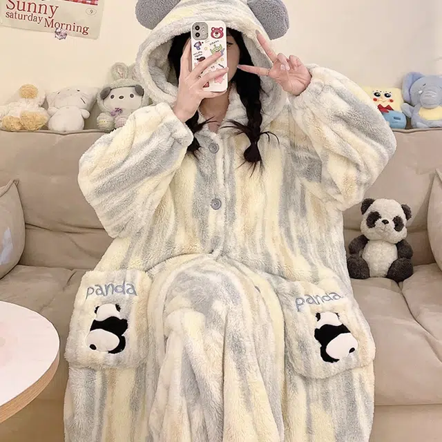 顶瓜瓜 珊瑚绒保暖加绒加厚长袖长裤连帽纯色条纹熊猫家居服冬季睡衣套装 女款