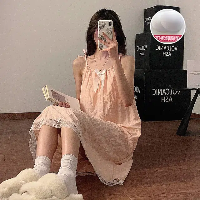 顶瓜瓜 带胸垫可拆卸性感无袖吊带中长裙甜美可爱蝴蝶结蕾丝花边家居服睡裙 女款