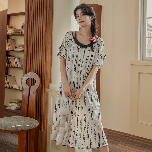 顶瓜瓜 花纹透气亲肤带胸垫短袖简约舒适可外穿家居服睡裙 女款