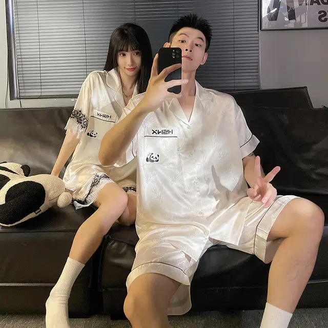 顶瓜瓜 翻领开衫国风熊猫竹叶家居服短袖三分裤睡衣礼盒 男女同款