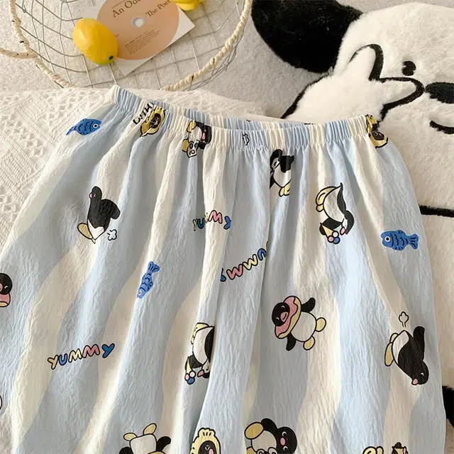 顶瓜瓜 夏季女透气舒适简约设计翻领卡通企鹅图案家居服睡衣套装 女款