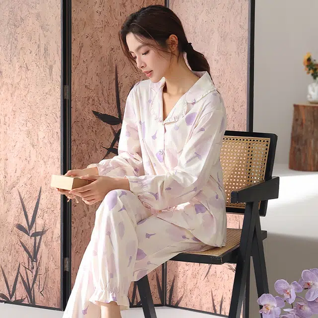 顶瓜瓜 国风长袖长裤休闲舒适花瓣家居服睡衣套装 女款