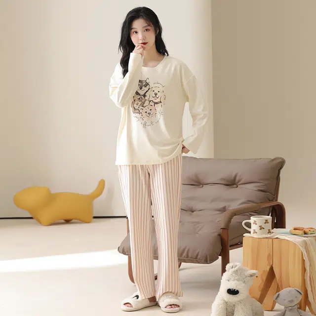 顶瓜瓜 带胸垫小狗图案简约舒适纯棉面料可外穿家居服睡衣套装 女款