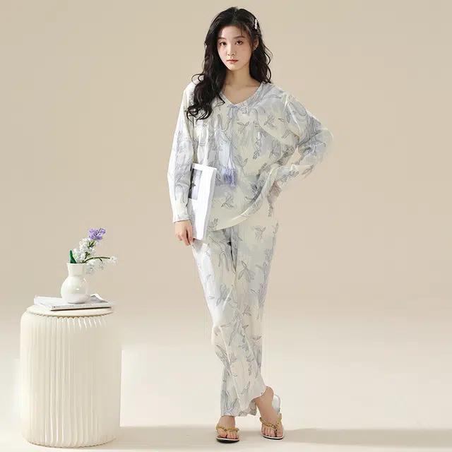 顶瓜瓜 居家舒适休闲简约风长袖复古家居服睡衣套装 女款
