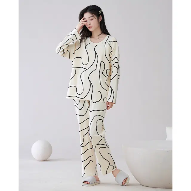 顶瓜瓜 居家舒适休闲简约风家居服长袖长裤睡衣套装 女款
