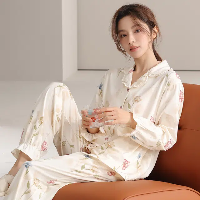 顶瓜瓜 国风长袖长裤休闲舒适花边家居服睡衣套装 女款