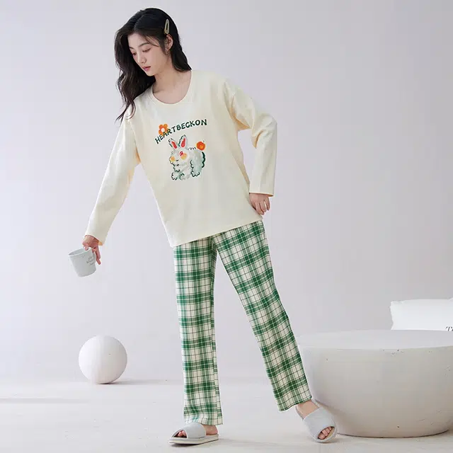 顶瓜瓜 小兔子字母格子休闲简约风舒适长袖家居服睡衣套装 女款