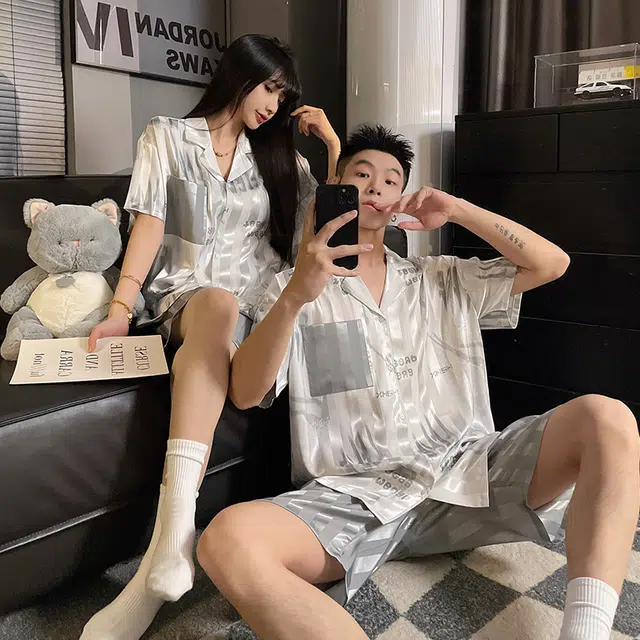 顶瓜瓜 短袖休闲舒适冰丝凉感家居服睡衣套装 男女同款
