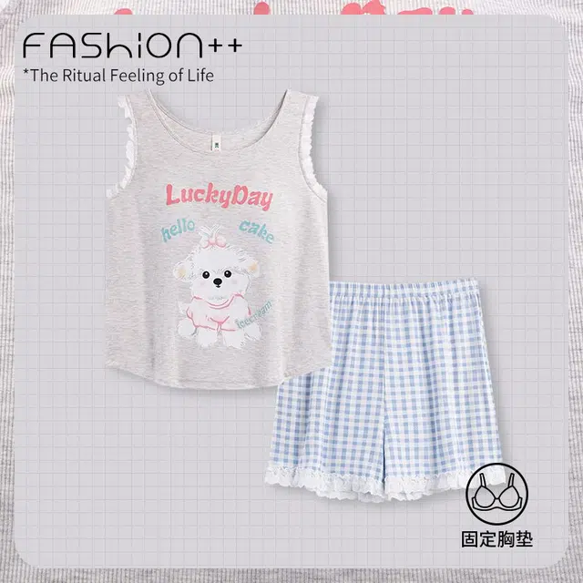 顶瓜瓜 夏季女透气简约休闲舒适柔软面料家居服睡衣套装 女款