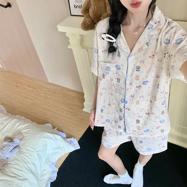 顶瓜瓜 云朵棉短袖短裤翻领开衫可爱卡通小狗休闲家居服夏季睡衣套装 女款