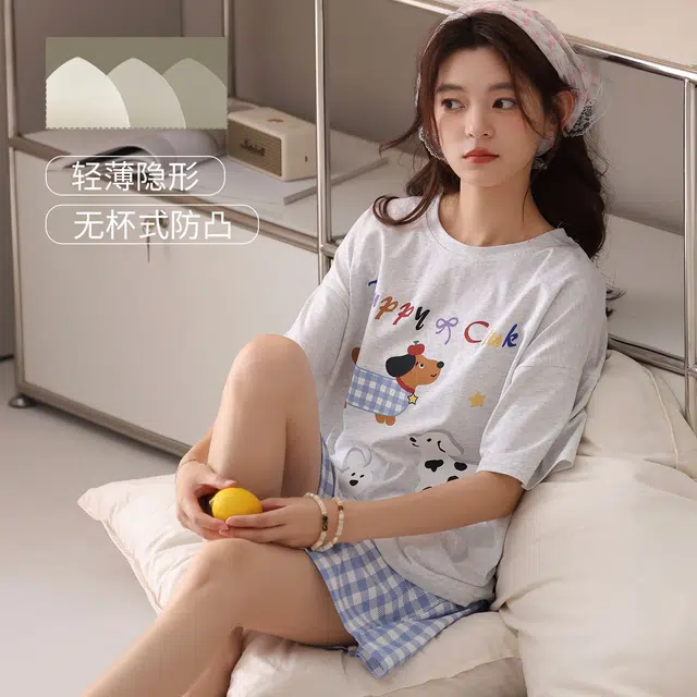 顶瓜瓜 夏季女简约设计舒适亲肤圆领短袖短裤家居服睡衣礼盒 女款