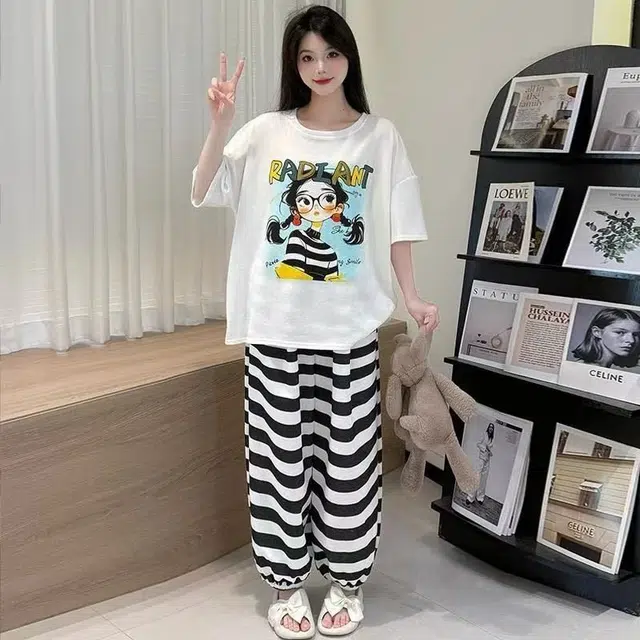 顶瓜瓜 棉质短袖长裤圆领套头可爱卡通女孩条纹休闲家居服夏季睡衣礼盒 女款