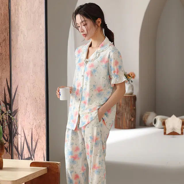 顶瓜瓜 短袖长裤甜美休闲舒适简约家居服睡衣套装 女款