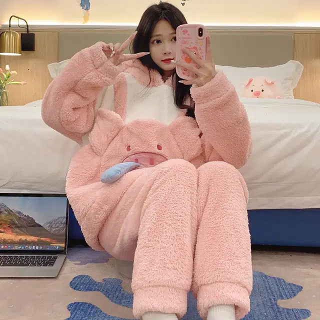 顶瓜瓜 珊瑚绒保暖加绒加厚长袖长裤连帽可爱甜美猪猪家居服冬季睡衣套装 女款