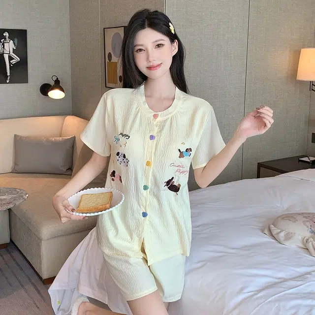 顶瓜瓜 家居女黄小狗印花简约休闲风可外穿短袖三件套服睡衣礼盒 女款