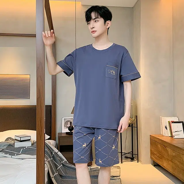 顶瓜瓜 舒适简约可外穿家居服短袖五分裤睡衣套装 男款