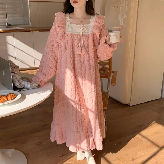 顶瓜瓜 珊瑚绒保暖加绒加厚公主风简约纯色长袖休闲家居服睡裙 女款