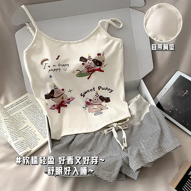 顶瓜瓜 吊带小狗图案简约舒适可外穿家居服睡衣套装 女款