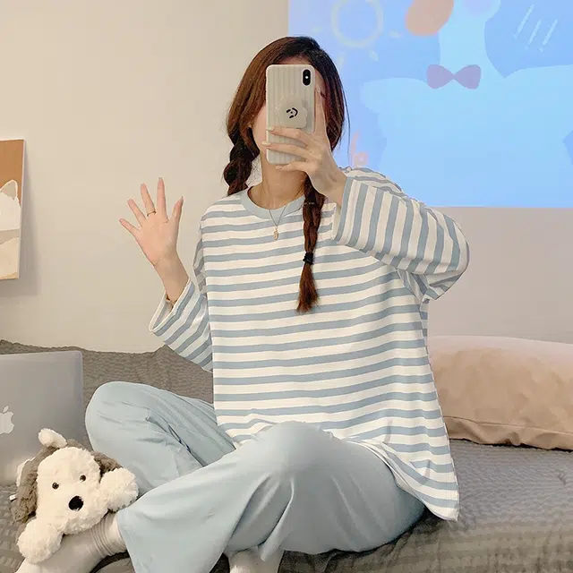 顶瓜瓜 圆领条纹简约舒适可外穿家居服睡衣套装 女款