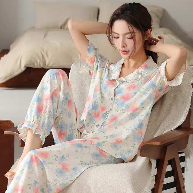 顶瓜瓜 短袖长裤甜美休闲舒适简约家居服睡衣套装 女款