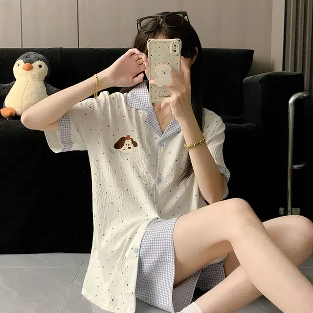 顶瓜瓜 夏季女透气舒适简约休闲可爱卡通家居服睡衣套装 女款