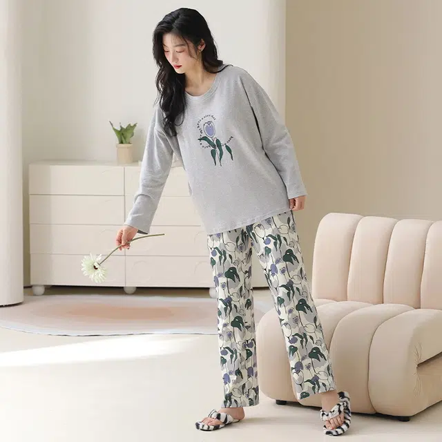 顶瓜瓜 简约舒适带胸垫纯棉面料可外穿家居服睡衣套装 女款