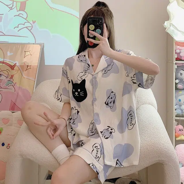 顶瓜瓜 短袖短裤翻领开衫可爱卡通小猫色块两件套家居服夏季睡衣套装 女款