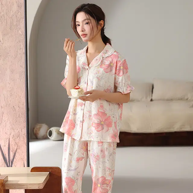顶瓜瓜 国风灯笼短袖长裤大花休闲舒适家居服睡衣套装 女款