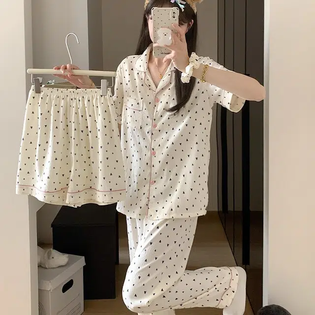 顶瓜瓜 夏季女透气舒适休闲短袖三件套家居服睡衣套装 女款