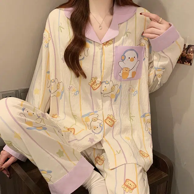 顶瓜瓜 卡通图案翻领带胸垫简约透气亲肤舒适可外穿家居服睡衣套装 女款